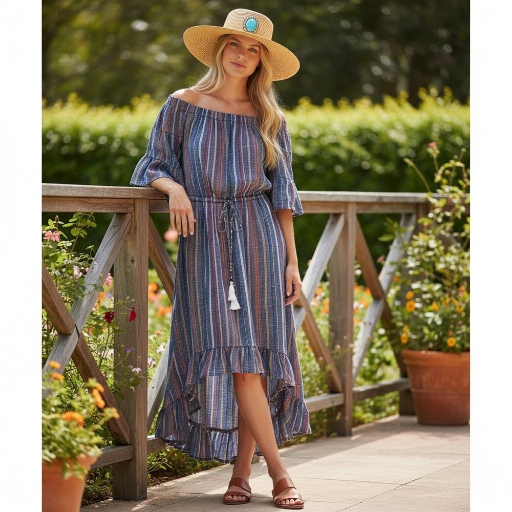 Blue Island Off Shoulder High Low Stripe BOHO Maxi Dress Blue Multi Tassel Small